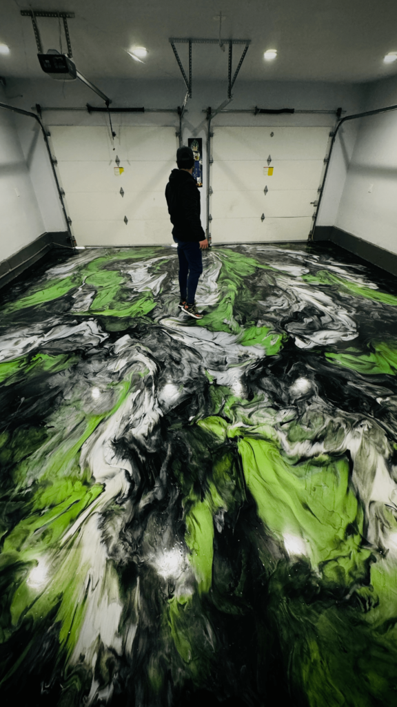 green and black epoxy flooring in portland garage