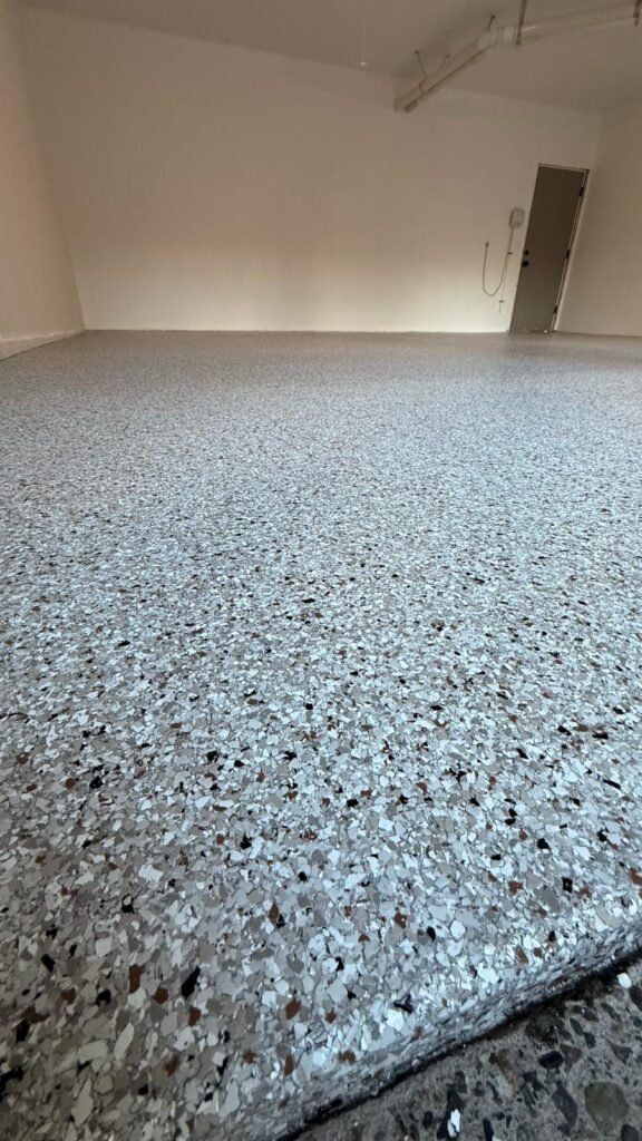 white and brown flake epoxy floor